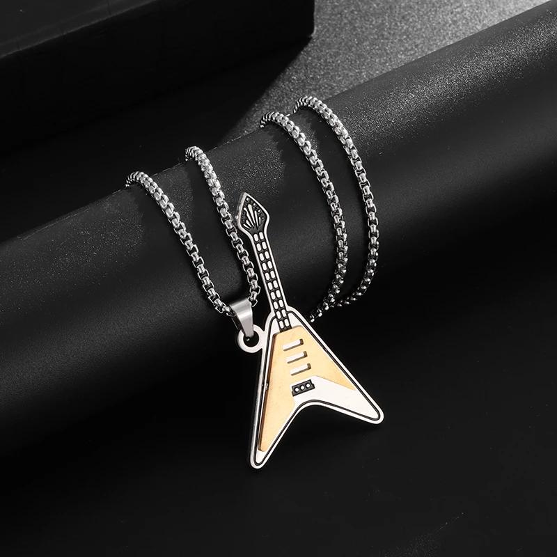 Hip Hop Rock Instrument Bass Guitar Stainless Steel Pendant Necklace for Men Women Personalized Music Party Jewelry Gifts