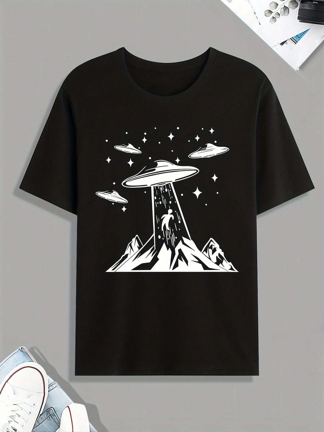 UFO Releasing Aliens Print Tee Shirt, Tee For unisex, Casual Short Sleeve T-Shirt For Summer Spring Fall, Tops As GiftsUFO Releasing Aliens Print Tee S разноцветный
