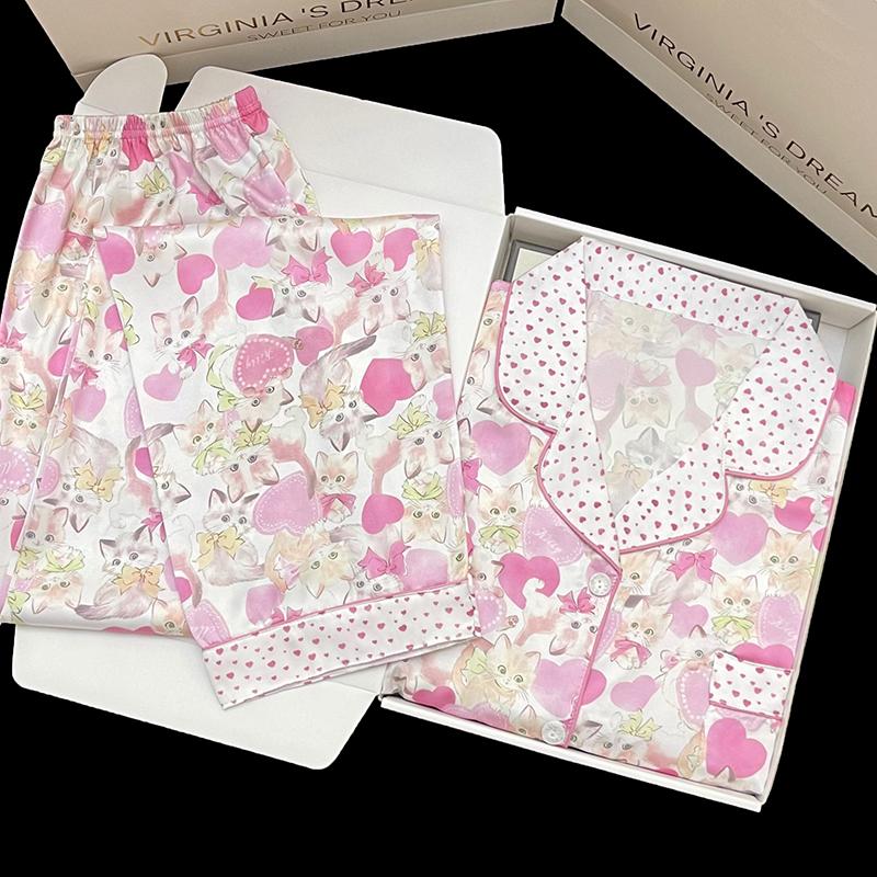 

Пижама для женщин, атласная пижама с длинными рукавами, пижамный комплект, цветочный принт, шелк Ice, можно носить на улице, домашняя пижама XXL