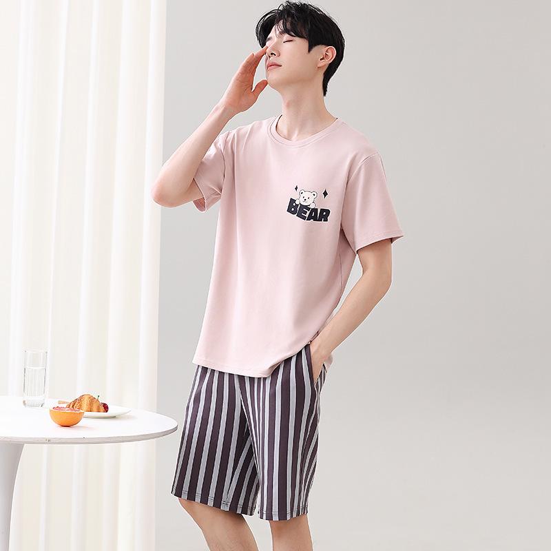 Couple's Summer Cotton Pajama Set: Cute Short Sleeve & Shorts for Women, Wear-Outside Style for Men.