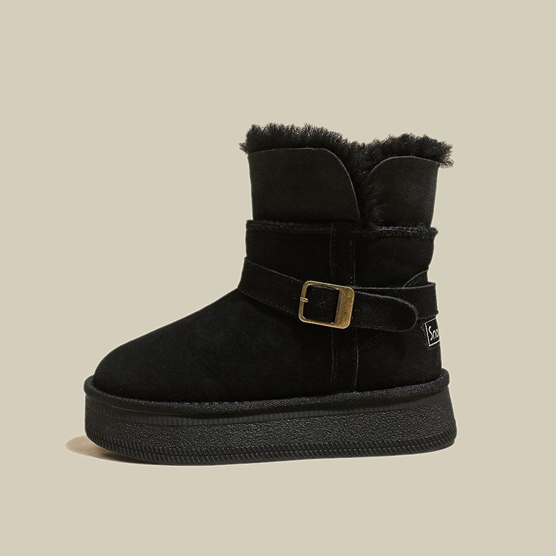Warm flipped plush thick-soled medium tube snow boots for women to increase their height in winter, new leather fluffy thickened cotton shoes