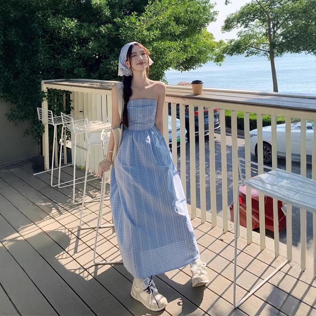 French Blue Checkered Spaghetti Strap Sleeveless Tank Dress - Women's Summer 2025 Seaside Vacation Long Dress