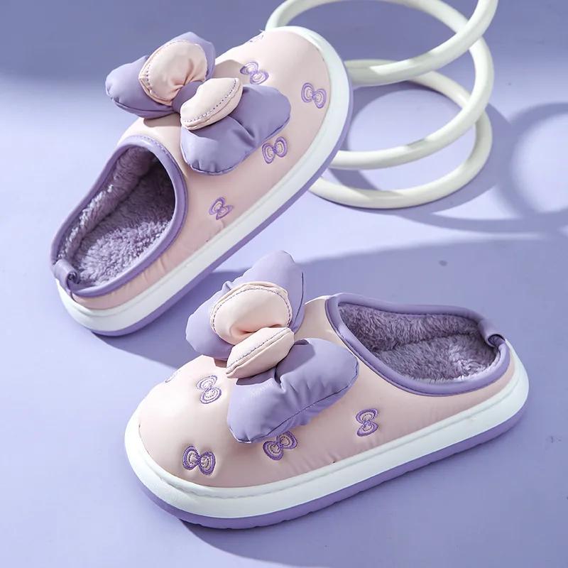 Winter Warm Plush Slippers for Women Home Warm Non-slip Thick Bottom Fluffy Slippers Bows Cotton Slippers Couple Winter Slides