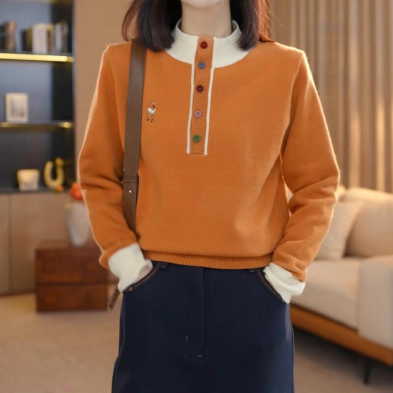 La Chapelle Women's Contrast Polo Collar Short Sleeve Knit Sweater