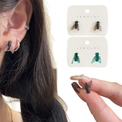 Black Fly Earrings Simulation Funny Earrings Creative Fly Ear Studs  for Men Women Couple Gift