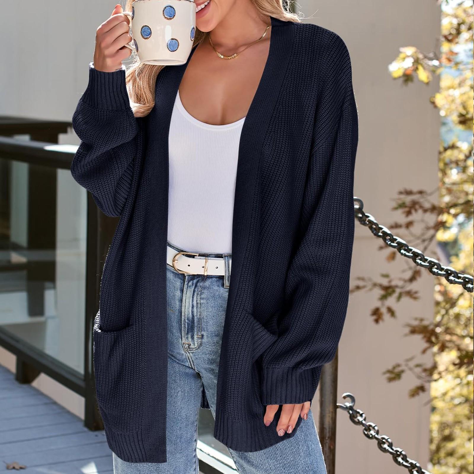 

Женский кардиган, вязаный свитер, открытый спереди, повседневный, с длинным рукавом, легкие кардиганы с карманами XL темно-синий