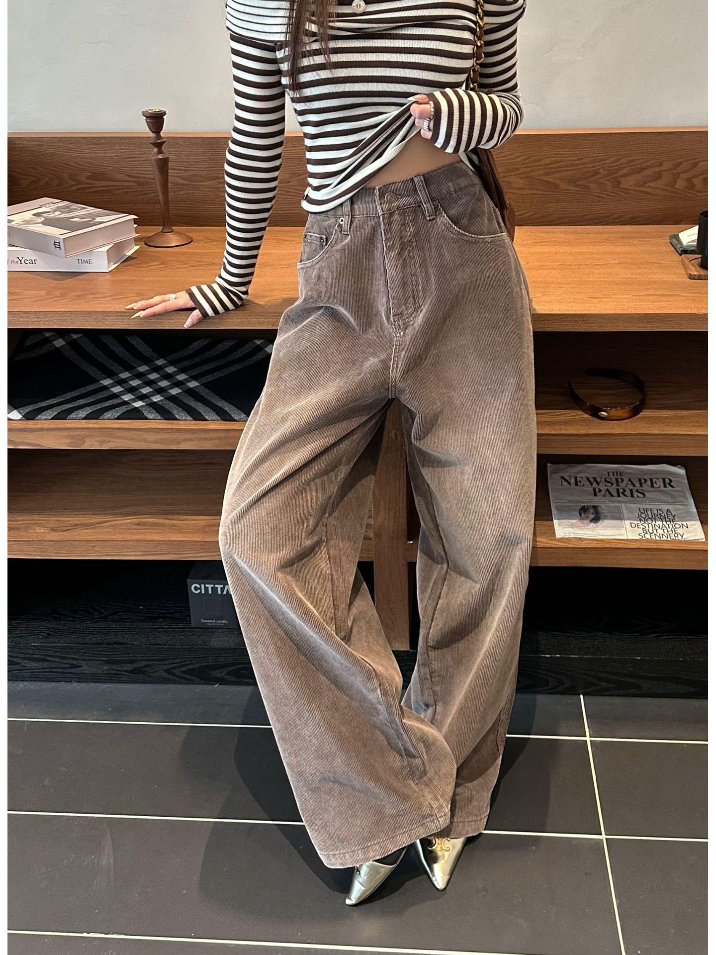 Lu Sheng Unisex Straight Corduroy Cargo Pants - Washed Streetwear with Distressed Design and Loose Wide Legs Medium