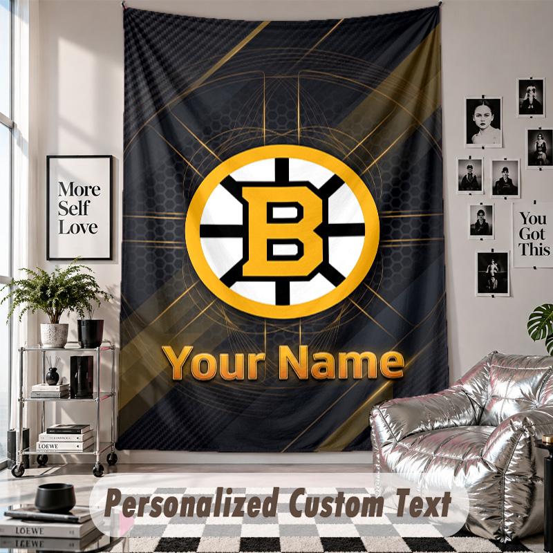 Wall Hanging Tapestry With Custom Name & Text, Boston Bruins Decorative Tapestry For Bedroom