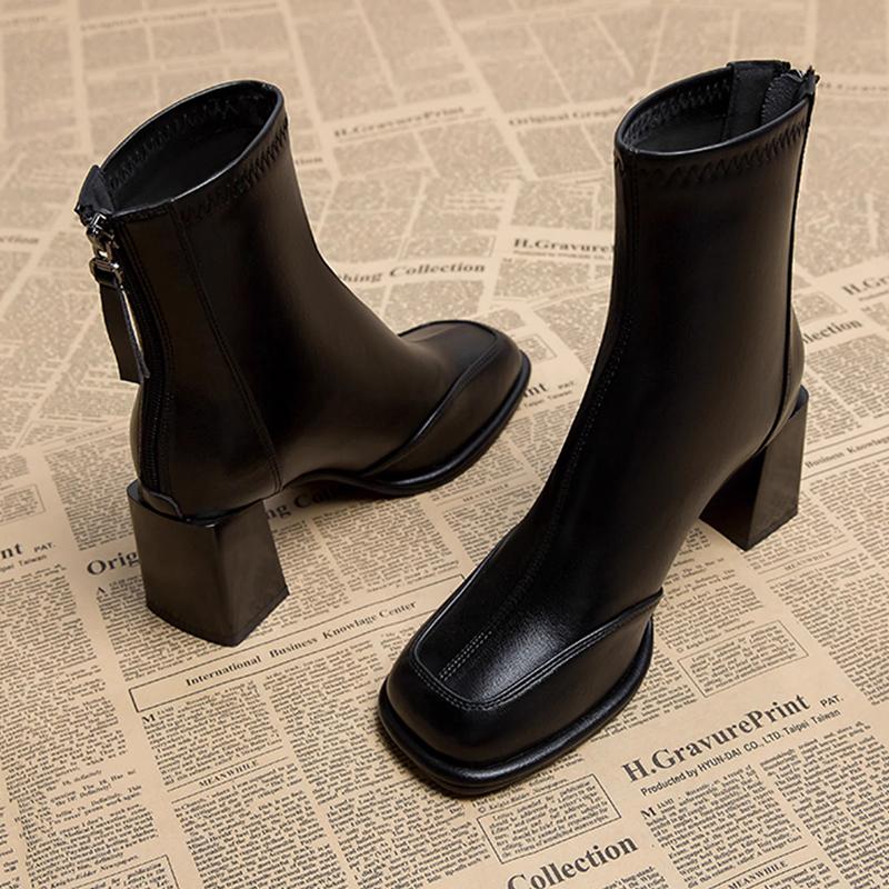 Fashion French Retro High Heel Black Ankle Boots Women 2025 Winter Brand Design Square Toe Woman's Chelsea Boots Back Zip Solid Booties