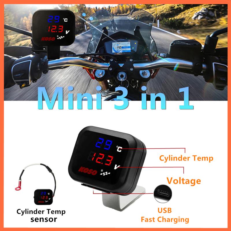 KOSO Cylinder Head Temperature Gauge Motorcycle Universal Cylinder Temp Volt Phone USB Charging 3 In 1 Mini LCD Digital Meter