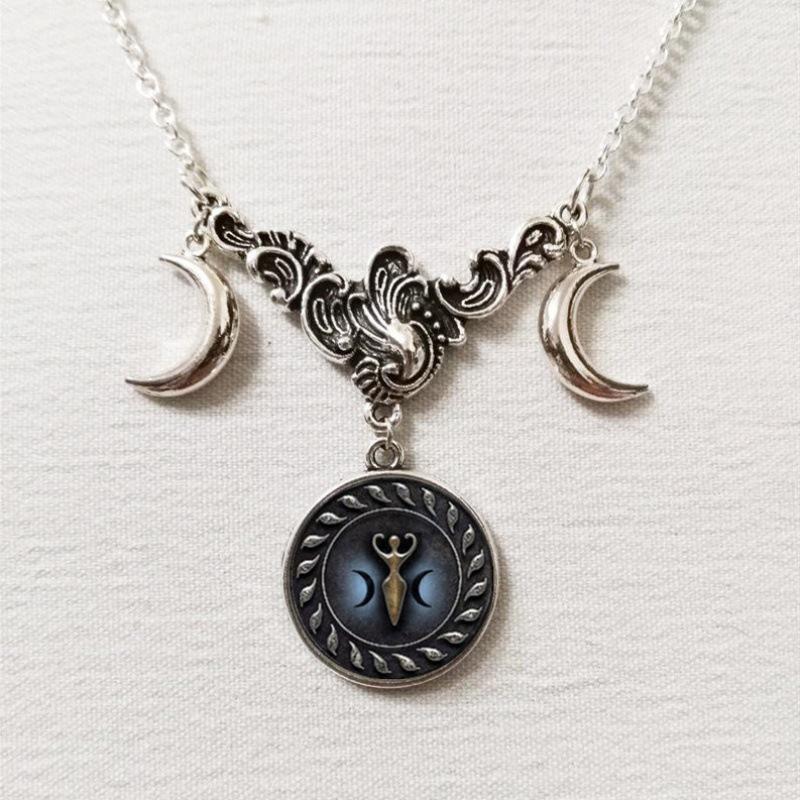 Triple Moon Silver Necklace with Full Moon and Crescent Pendant
