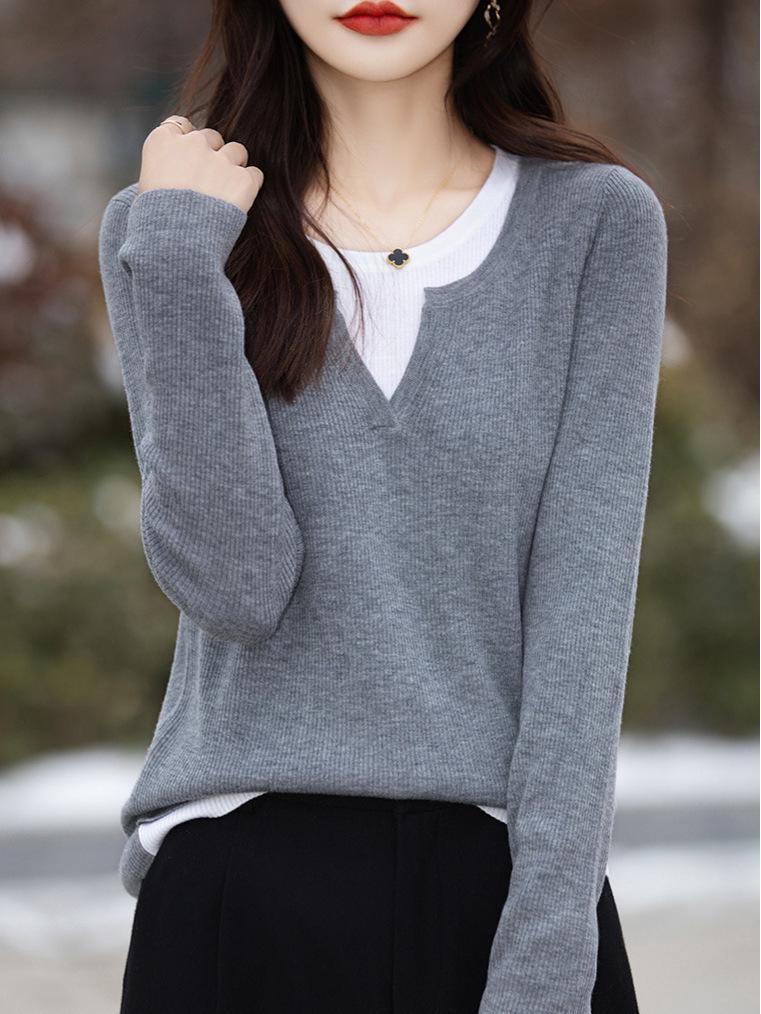 

Осінньо-зимовий сірий тонкий в язаний пуловер-двійка: Повсякденний пуловер з вовни пуюань з круглим вирізом M [85-105 lbs] бежевий