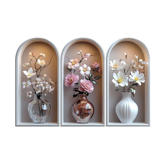 3 Pcs 3D Wall Vase Flower Wall Stickers Vintage Art Self-Adhesive Colorful