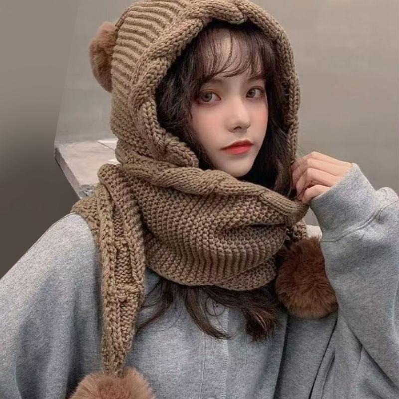 Knitted Scarf Hat with Pompoms Ball and EarFlaps Soft Pullover Hat Winter Accessory Unisex Headwear for Outdoor Activity