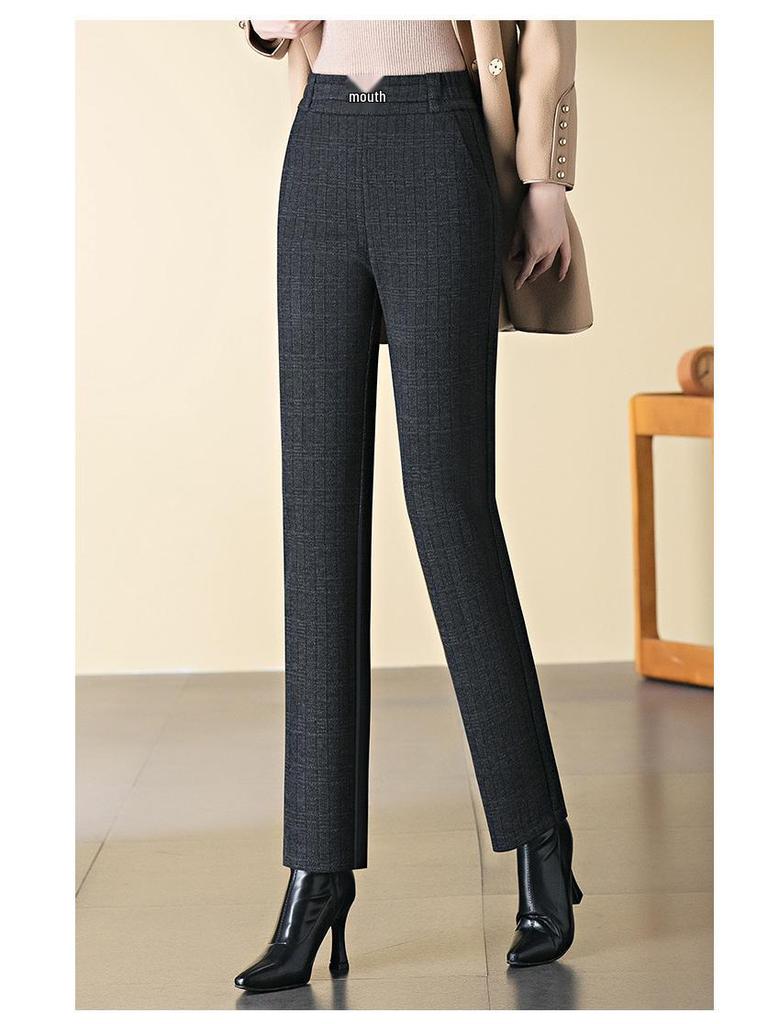 Women's High-Waisted Plaid Acetate Wool Pants - Plus Velvet, Thickened for Warmth, Autumn/Winter Style, Ideal for Middle-Aged Moms