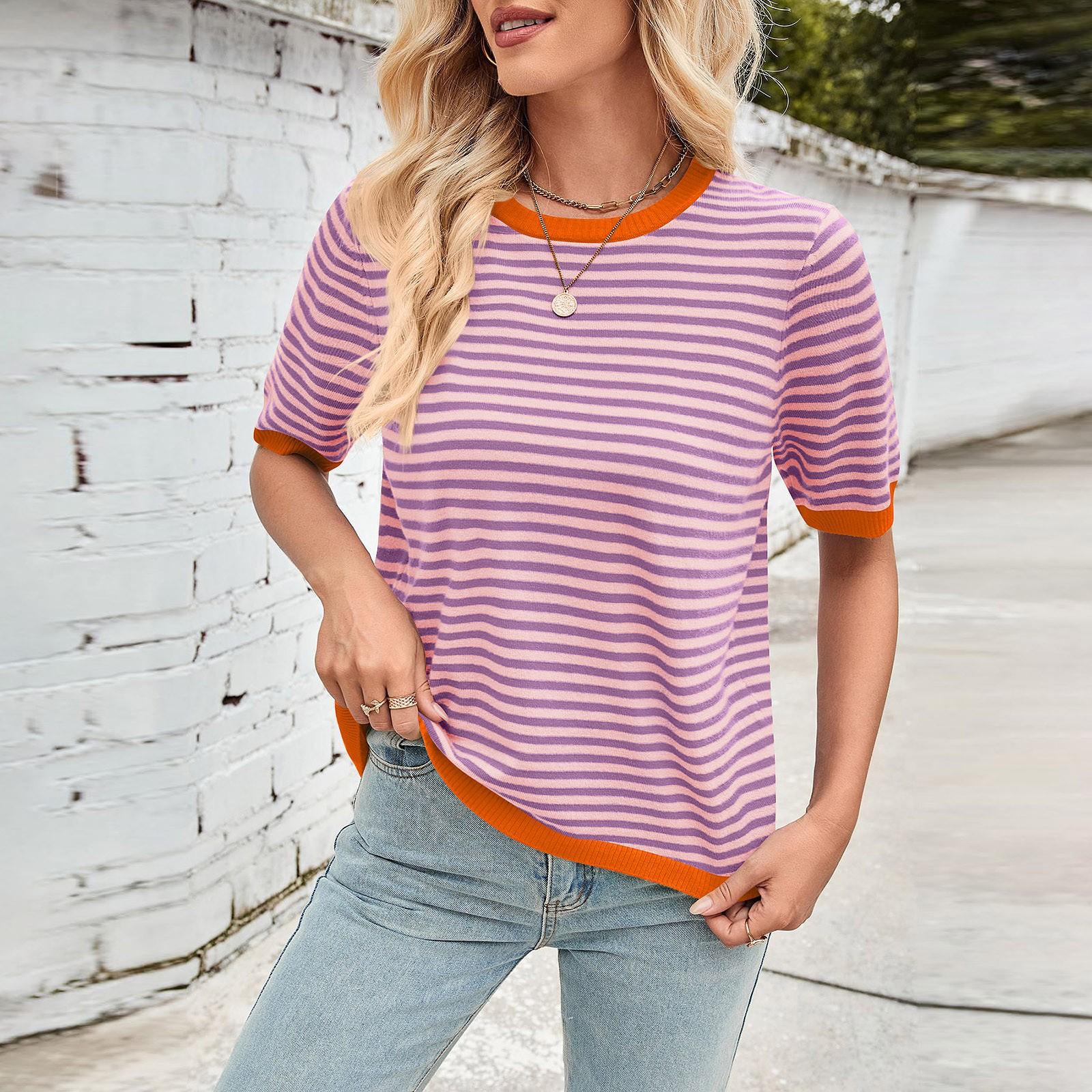 

Женская мода весна-лето повседневный полосатый подходящие цвета круглый вырез трикотажный короткий рукав джемпер топ M розовый