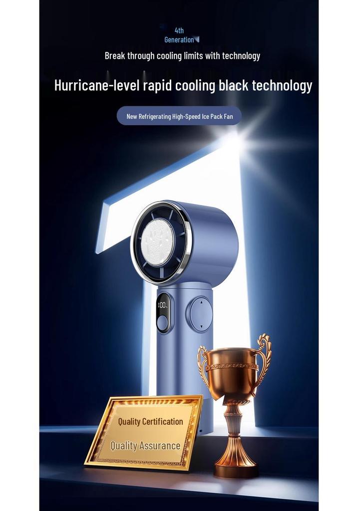 Compact Silent Handheld Fan with Long Battery & Powerful Speed, includes Ice Pack.
