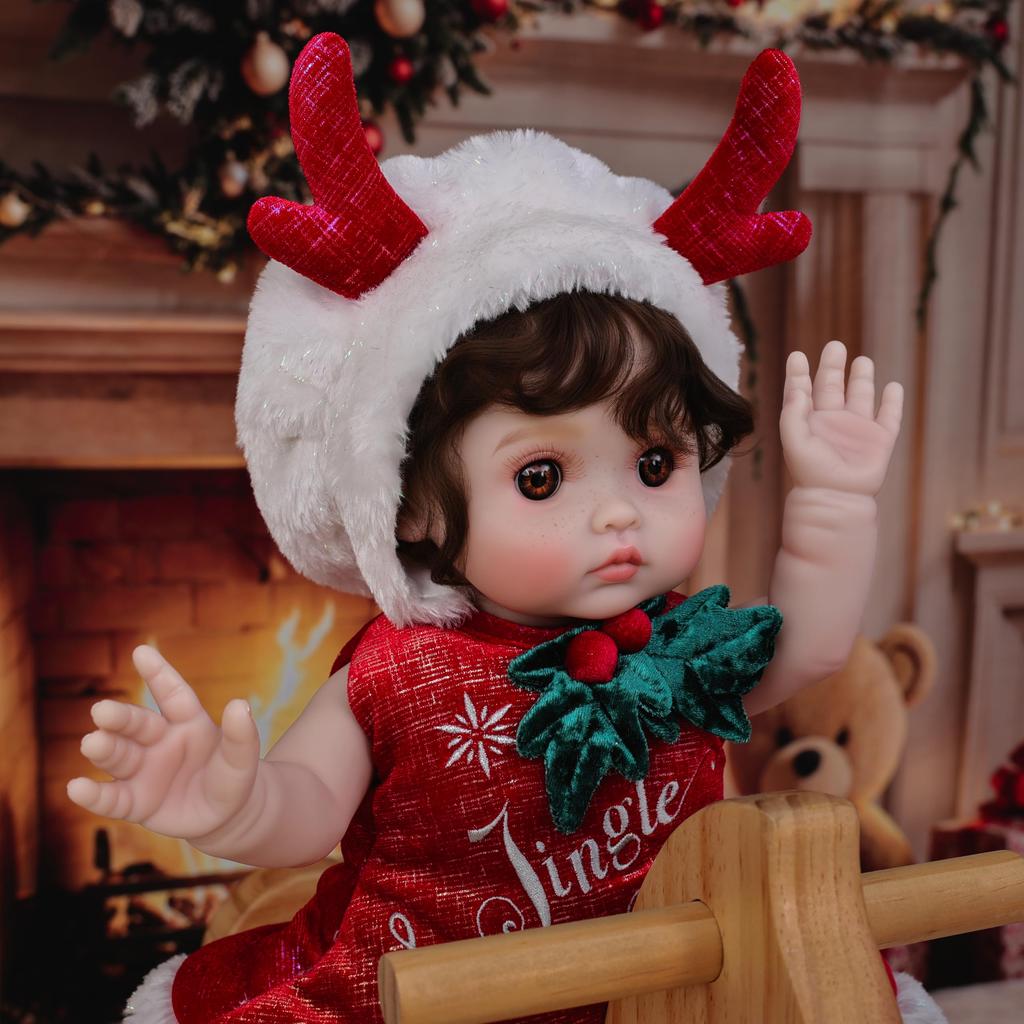 Cloveray 18-Zoll Vinyl Weihnachten Reborn Puppe, Rotes Hirschgeweih Outfit Baby Puppe, Handbemaltes Hochfarbiges Make-up, Perfekt für Sammlung & Geschenk, Auch