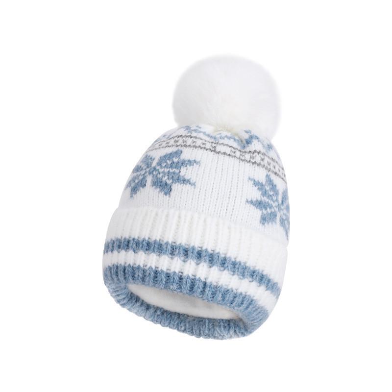 Casual Wool Knit Cap With Fur Ball Snowflake Design For Women Winter Wear синий