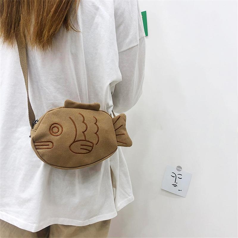 Cute Canvas Messenger Bag Korean Style Embroidery Creative Cartoon Ugly Fish Shape Shoulder Bag For Women Purse Messenger Bags