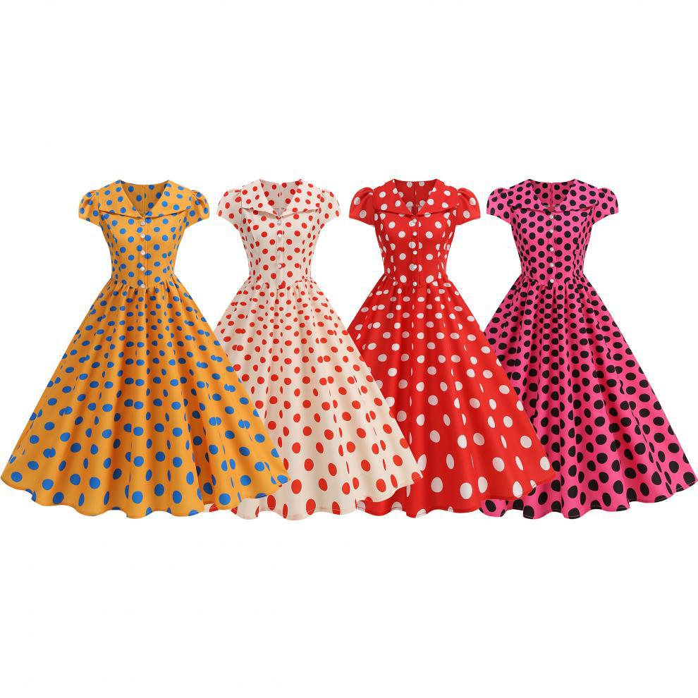 2026 Vintage Polka Dot Big Lapel French Retro Hepburn Dress