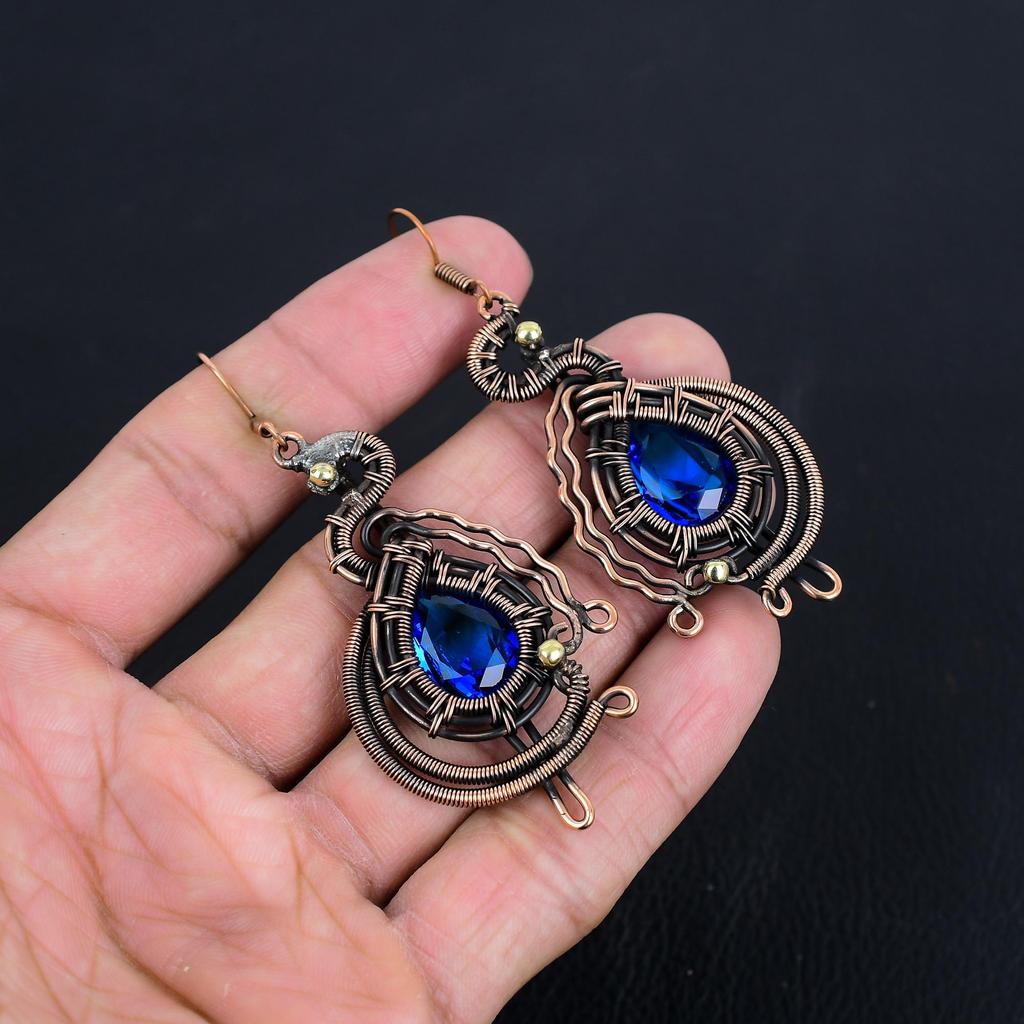 London Blue Topas 999 Kupferdraht umwickelte Ohrringe, Handgefertigter Edelstein-Ohrschmuck, Geschenke für Ehefrau Brandneue Ohrringe
