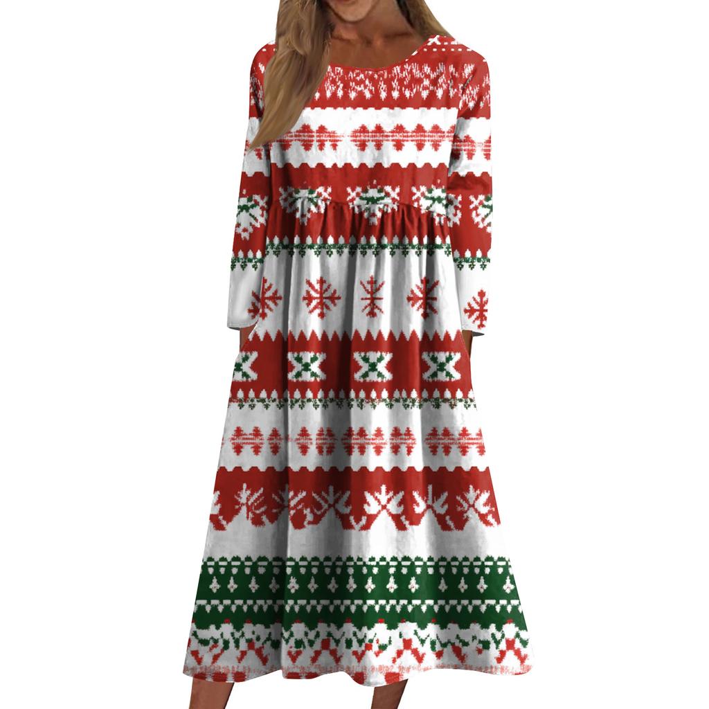 Damen Freizeitkleid mit Rundhalsausschnitt, Weihnachtsdruck, mittellang, langärmlig mit Tasche
