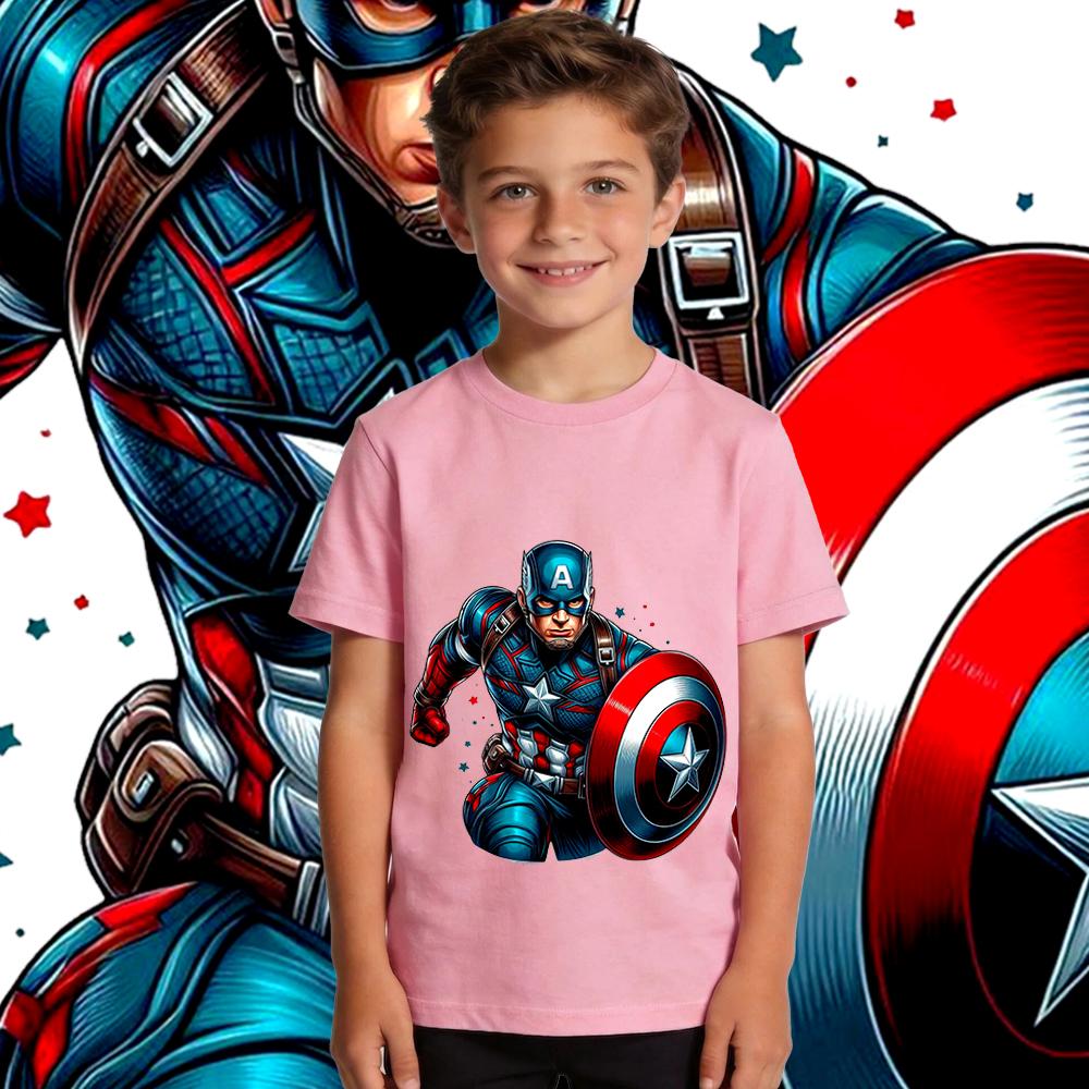 Captain America Charge Print Boys Girls Kids  T Shirt Casual Summer Top Soft Breathable