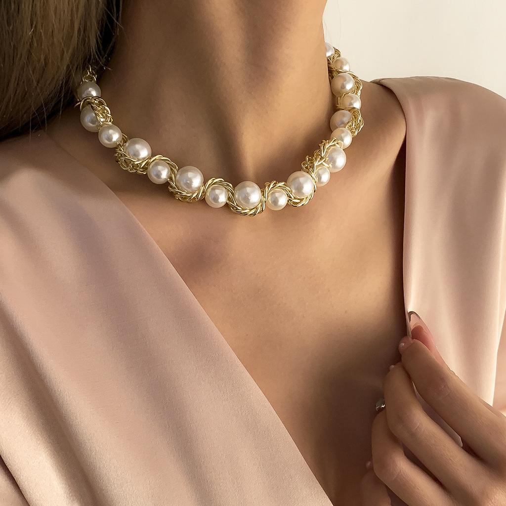 Stacked beaded heart-shaped full diamond French necklace temperament multi-layer rice-shaped imitation pearl necklace women's European 