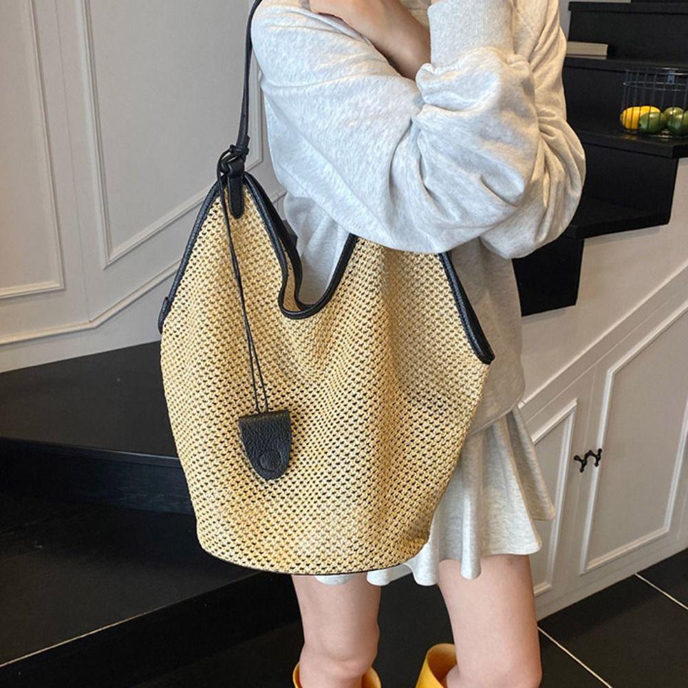 Parent Shoulder Bag Straw Woven Bag Tote Bagwith Sunglasses Clip Hollow Shoulder Bag  Holiday