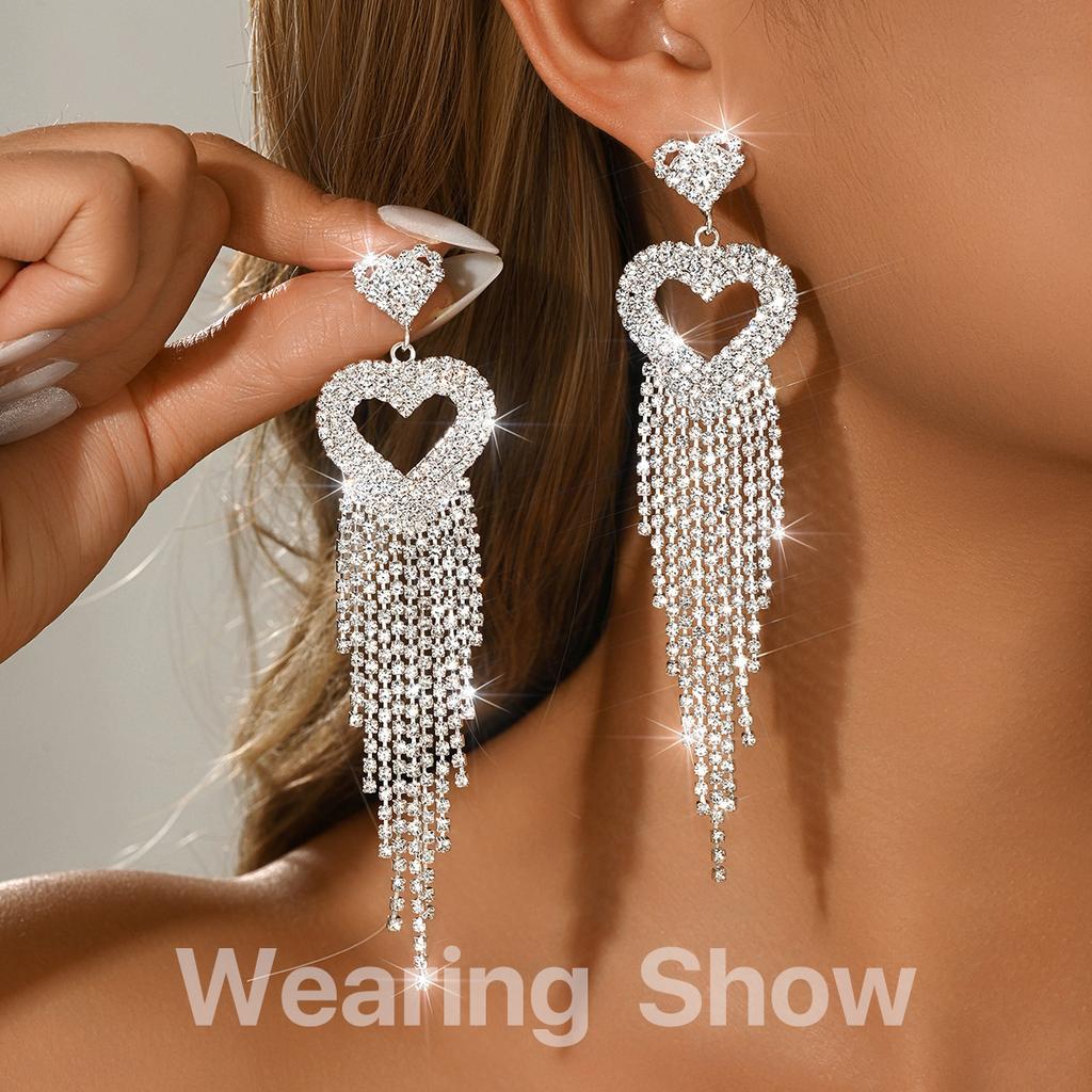 Long Tassel Rhinestone Earrings Dangle Jewelry Crystal Bridal Wedding Earrings Accessories for Women and Brides