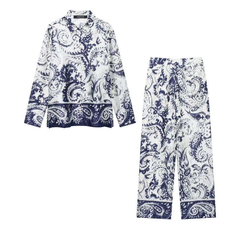 Kaslead New Arrival Women's Fashion Style Fashionable with Side-Slit Print Shirt Pants 8955174 8093173