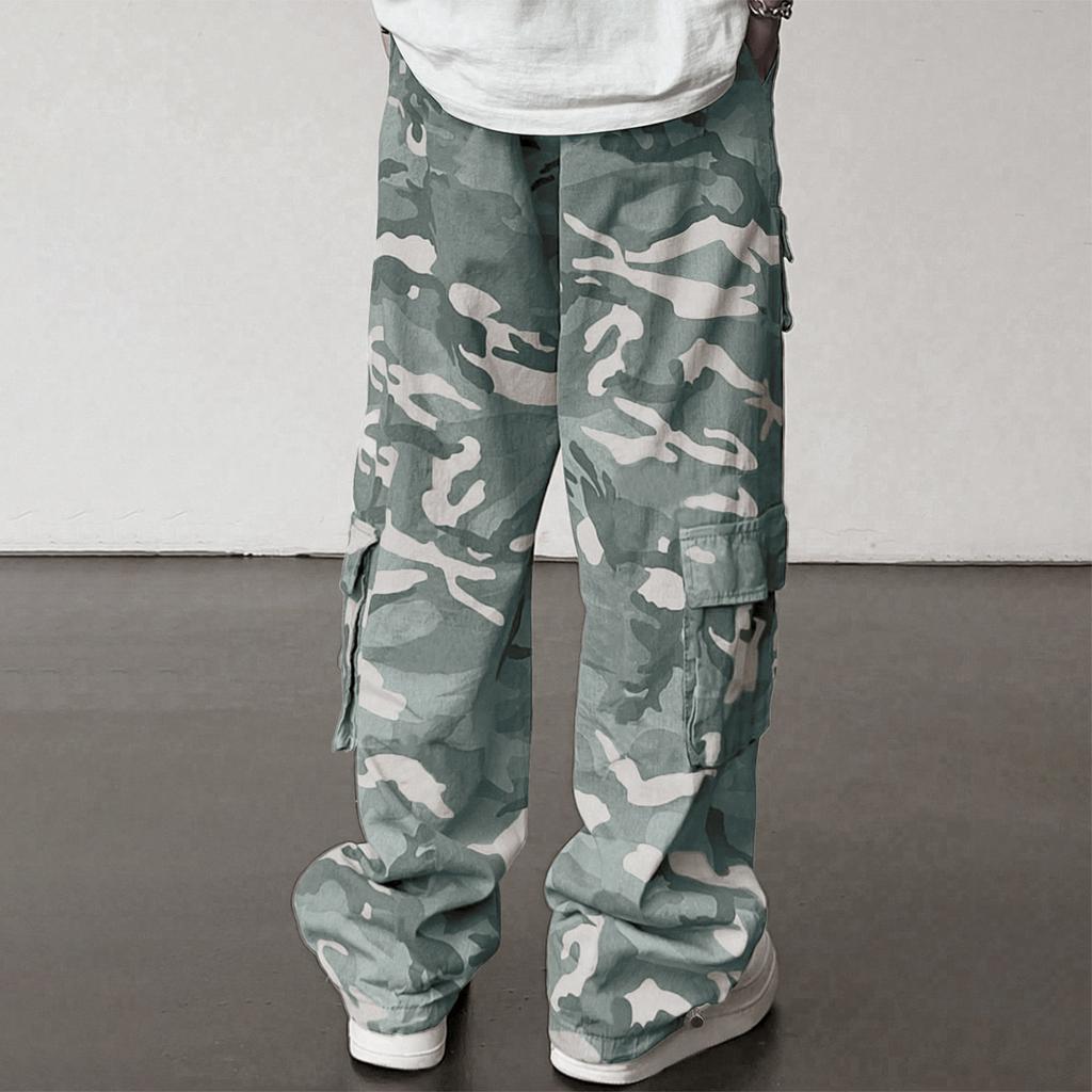 Men's Loose Casual Multi-pocket Work Pants, Youth Stretch Waist Drawstring Pants