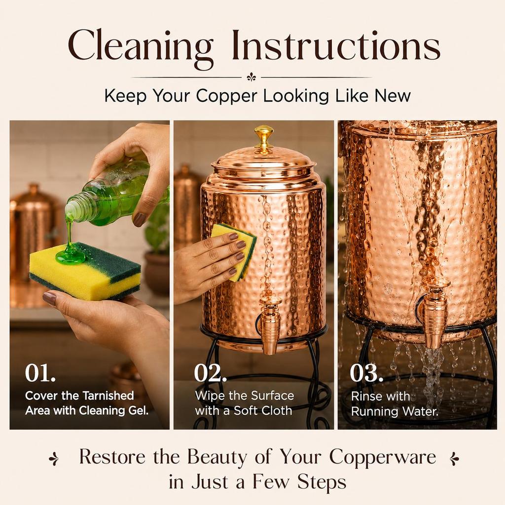 Copper Water Dispenser Set – 5 Litres | Hammered Natural Finish | Includes Stand, 2 Glasses & ABS Tap | Ayurvedic Tamra Jal Water Storage Pot