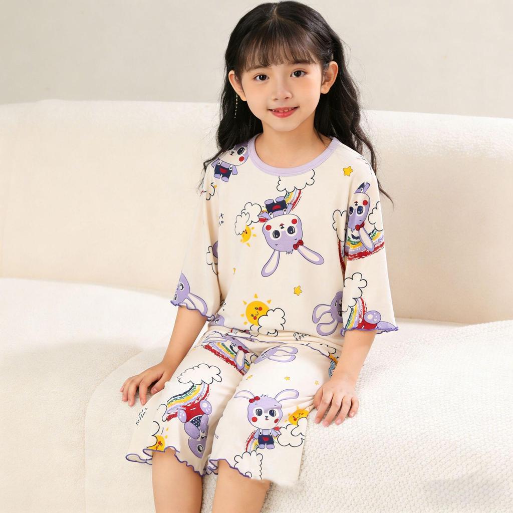 Girls' Modal Summer Pajama Set: Lightweight, Seven-Sleeve Baby Lounge Wear for Air Conditioning.