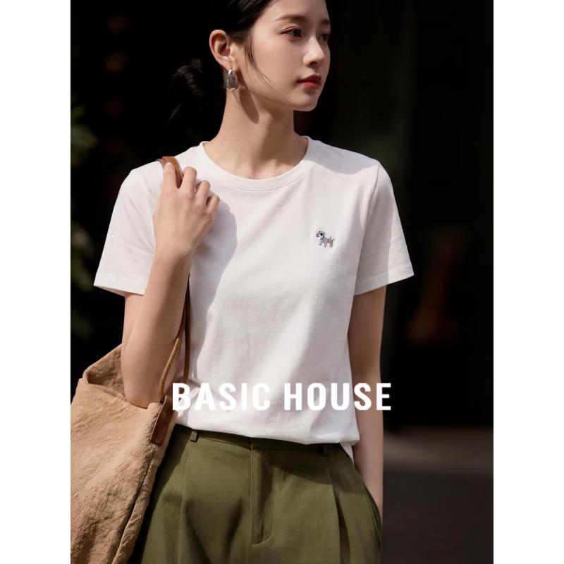 

Basic House Women s Puppy Embroidered Crew Neck T-Shirt One Size