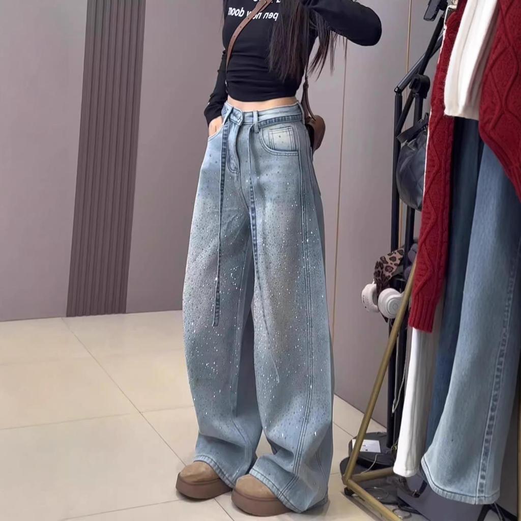 Women's High-Waist Light Blue Rhinestone Wide-Leg Jeans for Spring/Autumn 2026