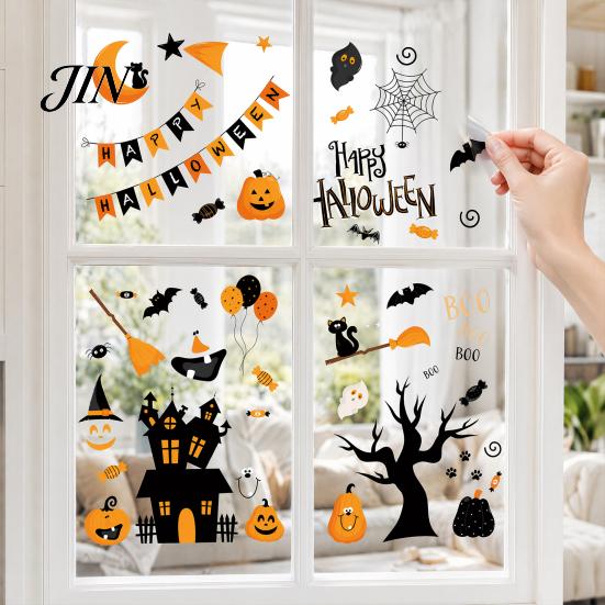 Cartoon Pumpkin Window Cling 4 Sheets Halloween Electrostatic Glass Stickers, Pumpkins Castle Bats Bright Color Decals PVC Waterproof Static
