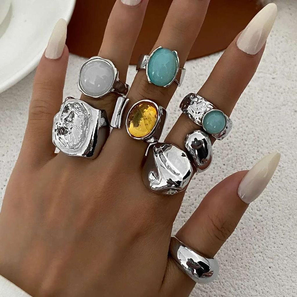 KunJoe 7 Stück/Set Vintage Bunte Acryl Offene Ringe für Damen Punk Geometrische Schlangenform Breiter Ring Finger Schmuck Zubehör