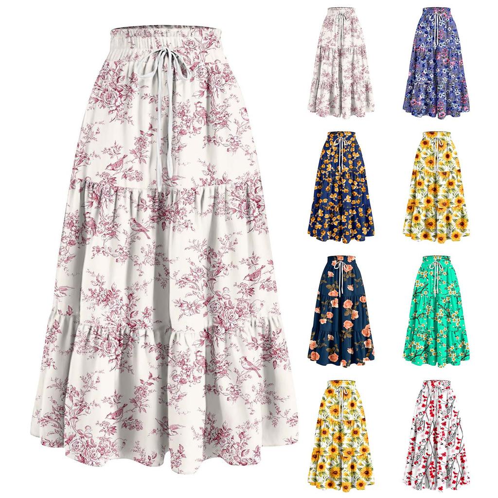 Kvinners Ruffled Spring Uformelt langt skjørt Ensfarget skjørt Retro plissert skjørt
