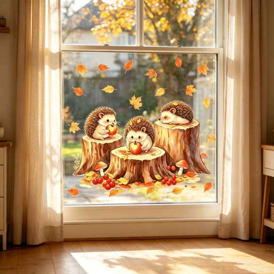 Fall Holiday Window Ornaments Little Hedgehog Tree Stump Static Sticker, Watercolor Decorative Removable Glass Clings Decal, Reusable PVC Cling