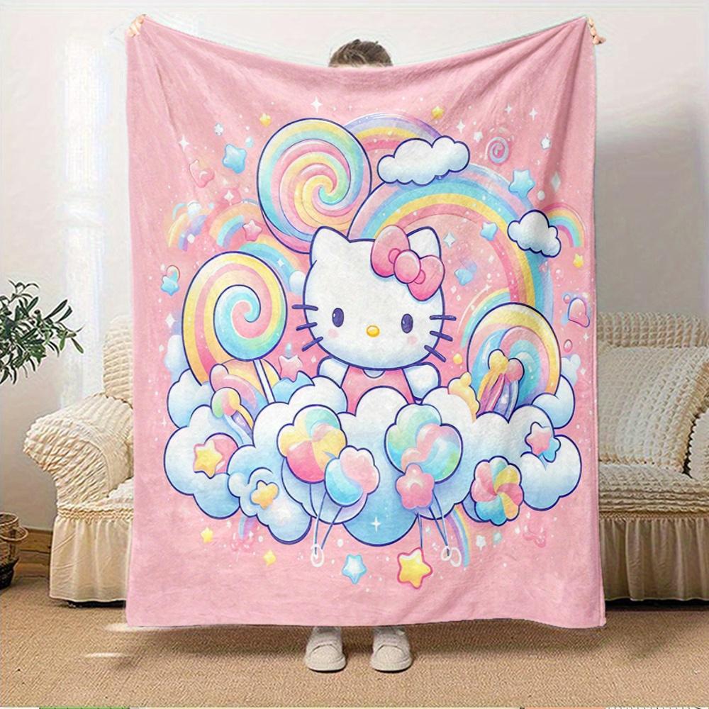 For Hello Kitty, Rainbow, Candy LandAnime-Themed Flannel Blanket, Glam Style, Digital Print, All-Season Comfort, Tear-Resistant, Knitted Cra