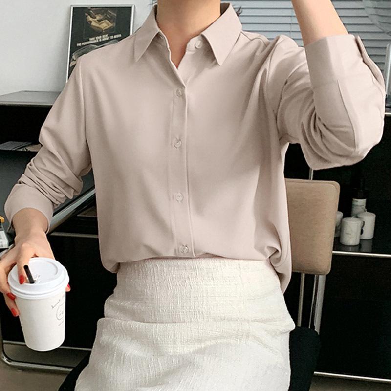 Retro Minimalist Solid Color Long Sleeved Shirt for Women In Spring Autumn Professional Polo Collar Loose Versatile Shirt Blouses & Shirts