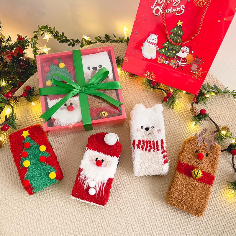 Gift Box: Autumn/Winter Ladies' Cartoon Christmas Socks - Santa Claus Coral Fleece Mid-Calf, Four-Pair Set