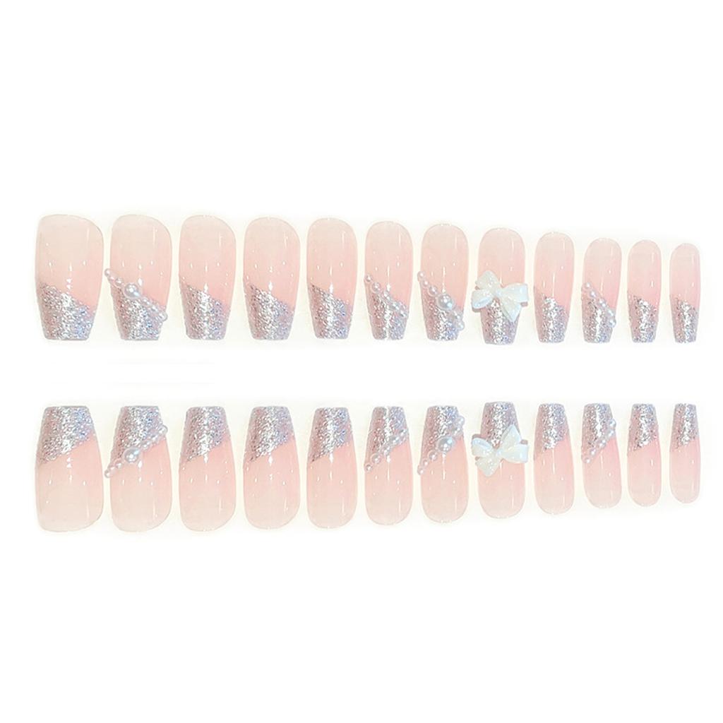 Shiny Square False Nail Tips Sparkling Bow Artificial Finger Manicure with Nail Glue for DIY At-Home Manicure Kit