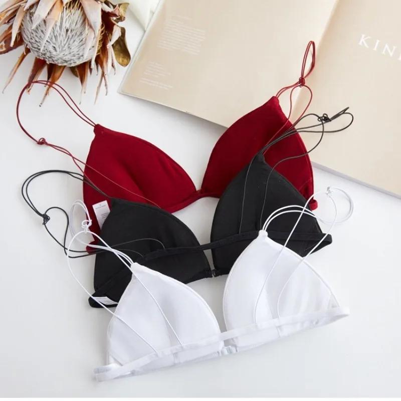 Women's Non Steel Ring Triangular Cup Small Chest and Beautiful Back Front Button Underwear Summer Thin Edition Seamless Strip Backless Bra