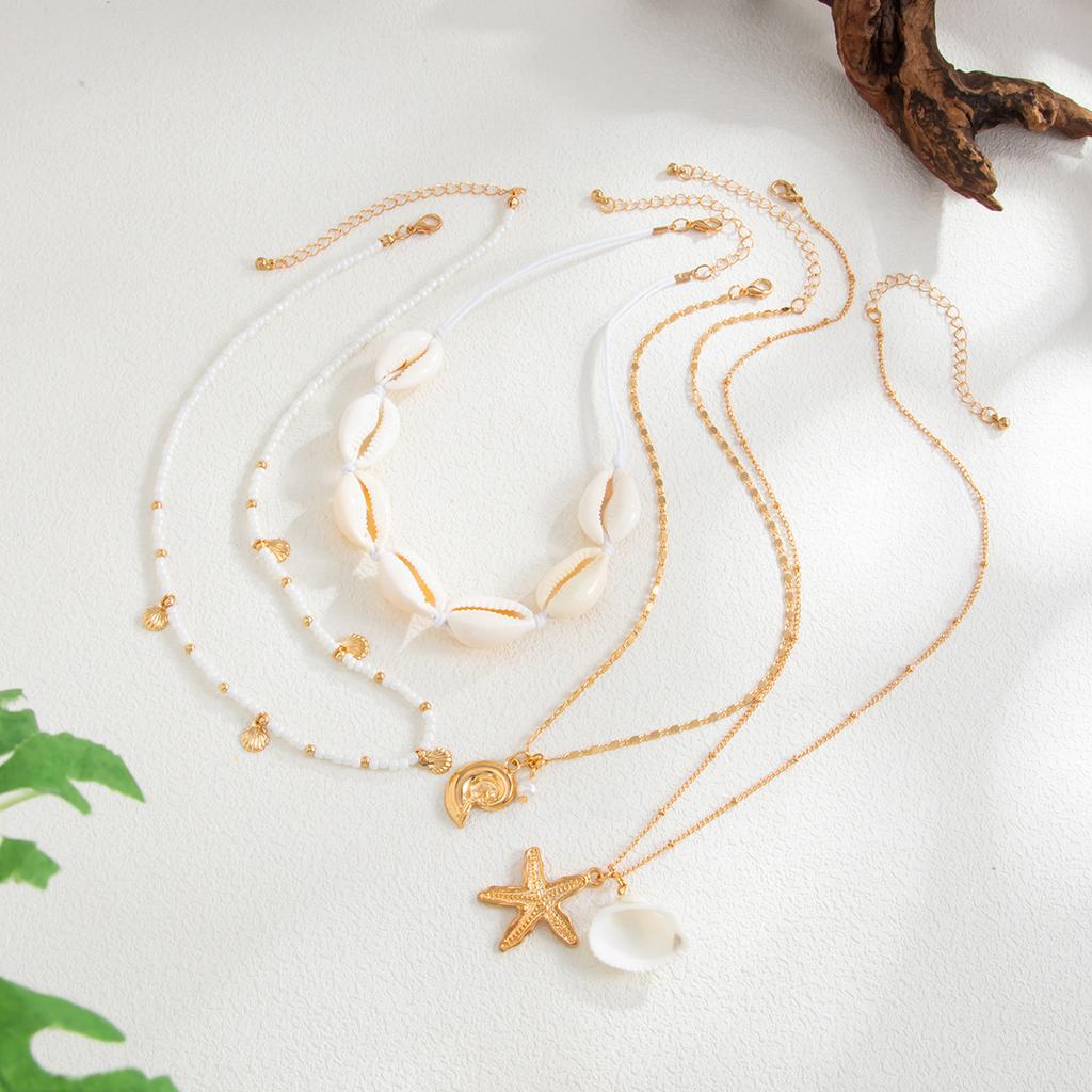 European and American Beach Shells Multi-layer Starfish Necklace Female, Holiday Wind Rice Beads Beaded Conch Collarbone Chain Neck Chain