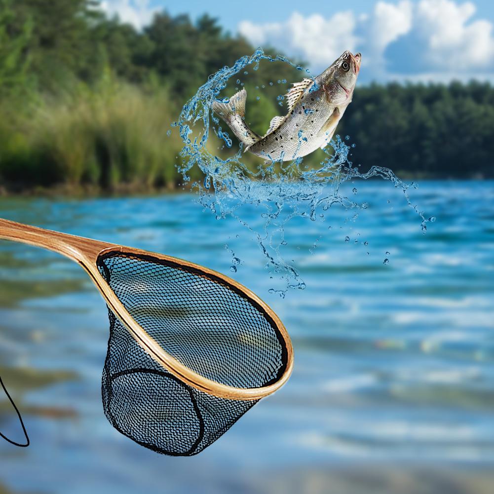 Wooden Handle Trout Net Soft Rubber Mesh Catch and Release Net Floating Fishing Net Outdoor Fishing Accessories