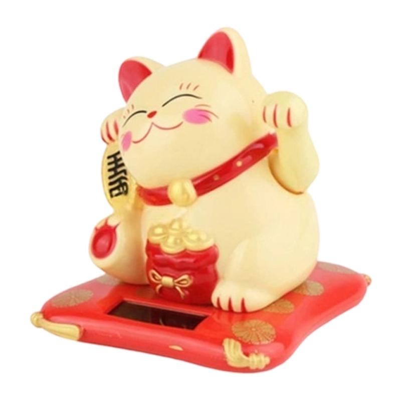 Lucky Fortune Cats Solar Energy Activated Moving Arm Vehicle Desktop Ornament Wealth Symbol Home Decoration