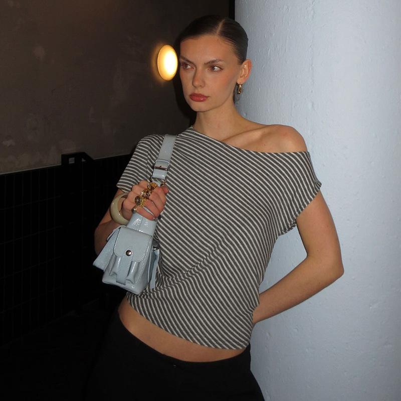 

Полосатый кривой воротник повседневный кроп-топ ретро блузка одежда S серый